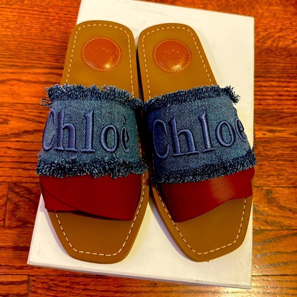 Women denim and brown Chloe slides size 36